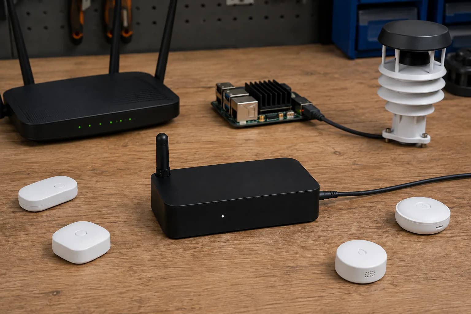 OpenMQTTGateway enclosure beside BLE and LoRa sensors, Wi-Fi router, and a small MQTT broker computer