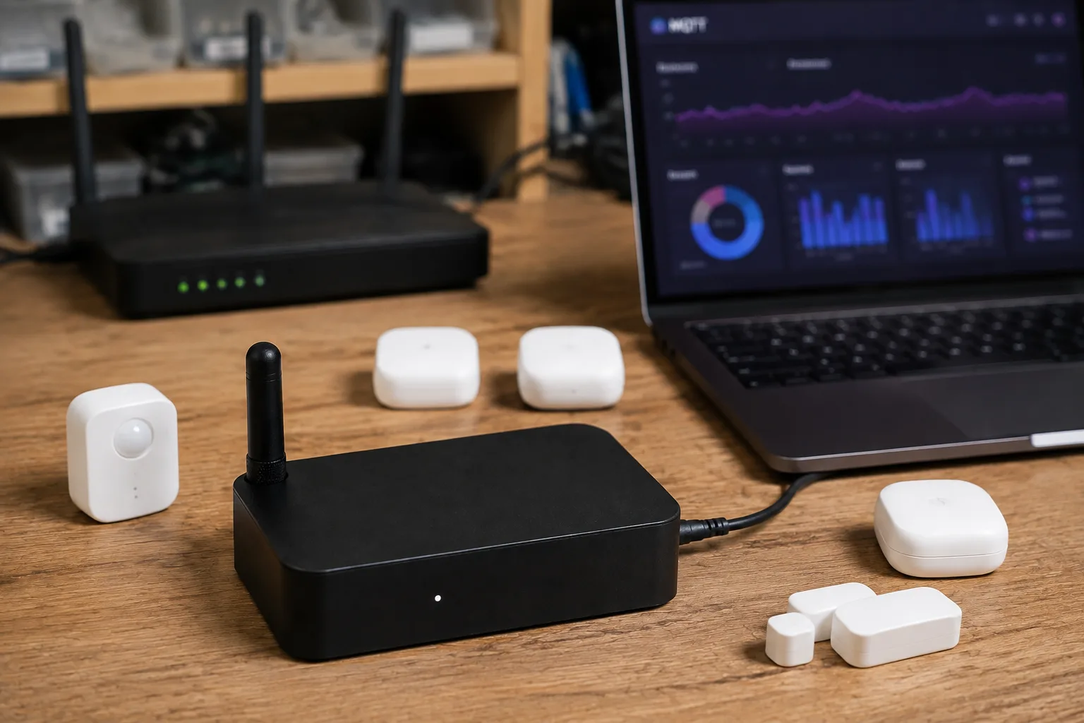 Enclosed home gateway, laptop with a blurred MQTT dashboard, router, and wireless sensors on a workbench