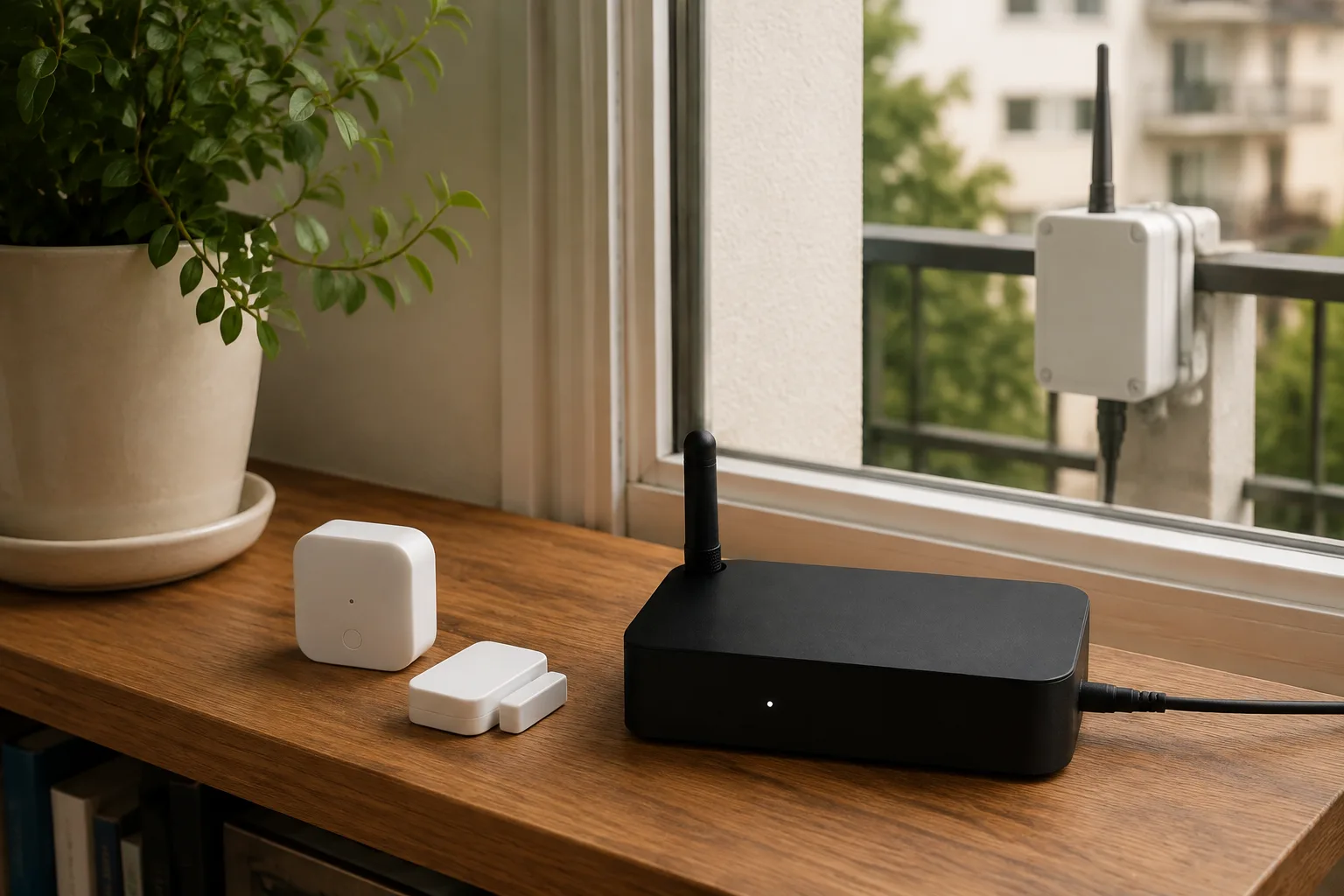 Indoor smart-home gateway receiving data from a BLE sensor, door contact, and an outdoor LoRa sensor