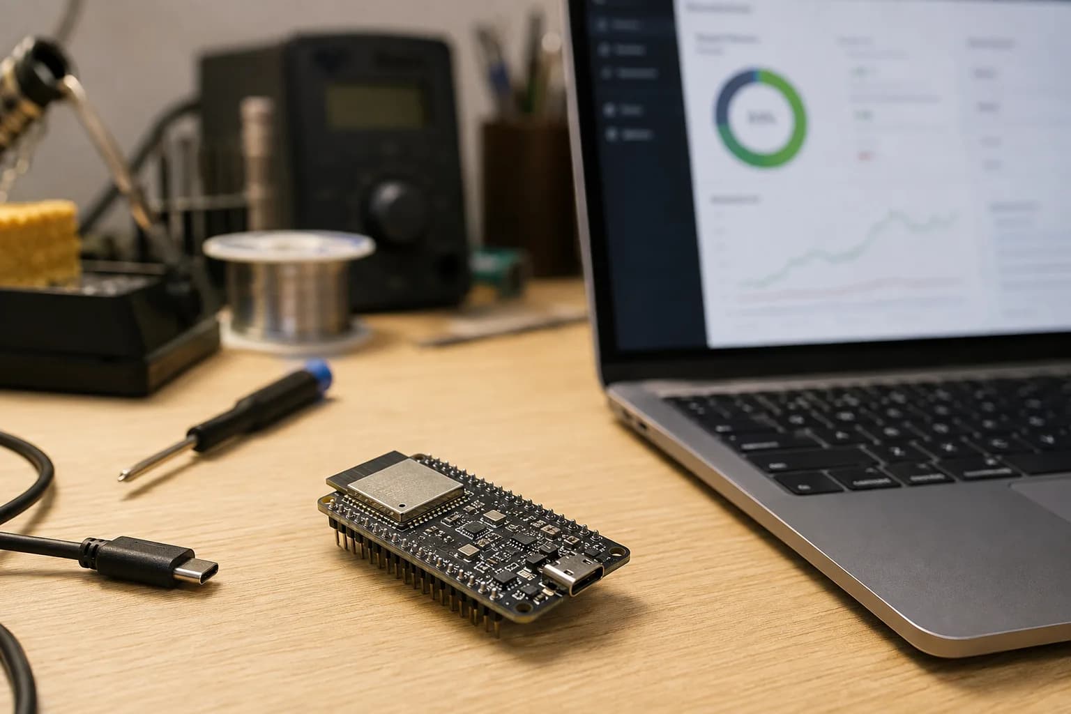 ESP32 development board beside a laptop showing a firmware deployment dashboard on an electronics workbench