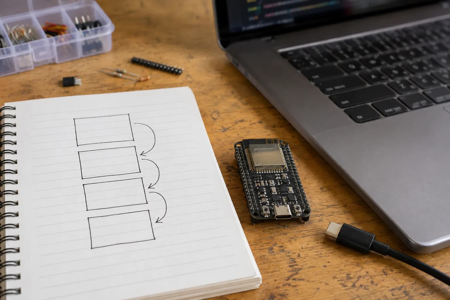 ESP32 development board beside a notebook with a hand-drawn flash partition plan