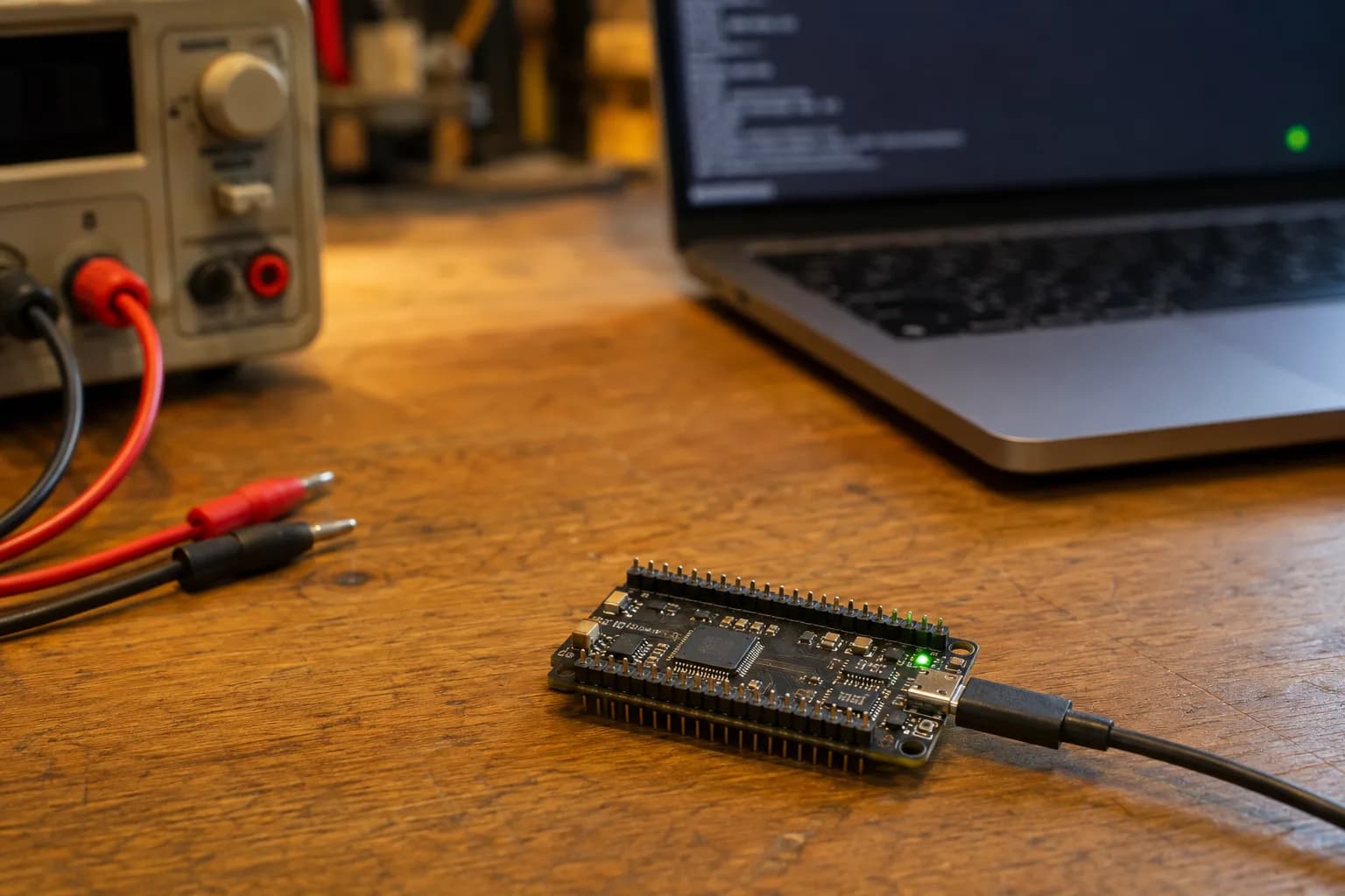 Microcontroller development board beside a bench power supply and laptop during firmware update testing