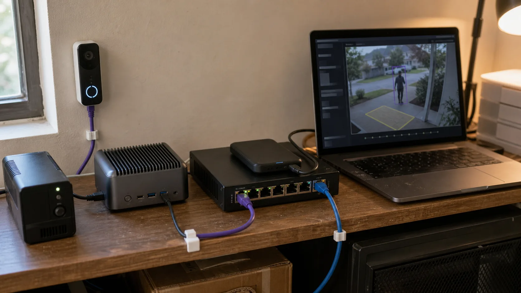 Mini PC, PoE switch, UPS, and SSD processing video-doorbell footage on the home network