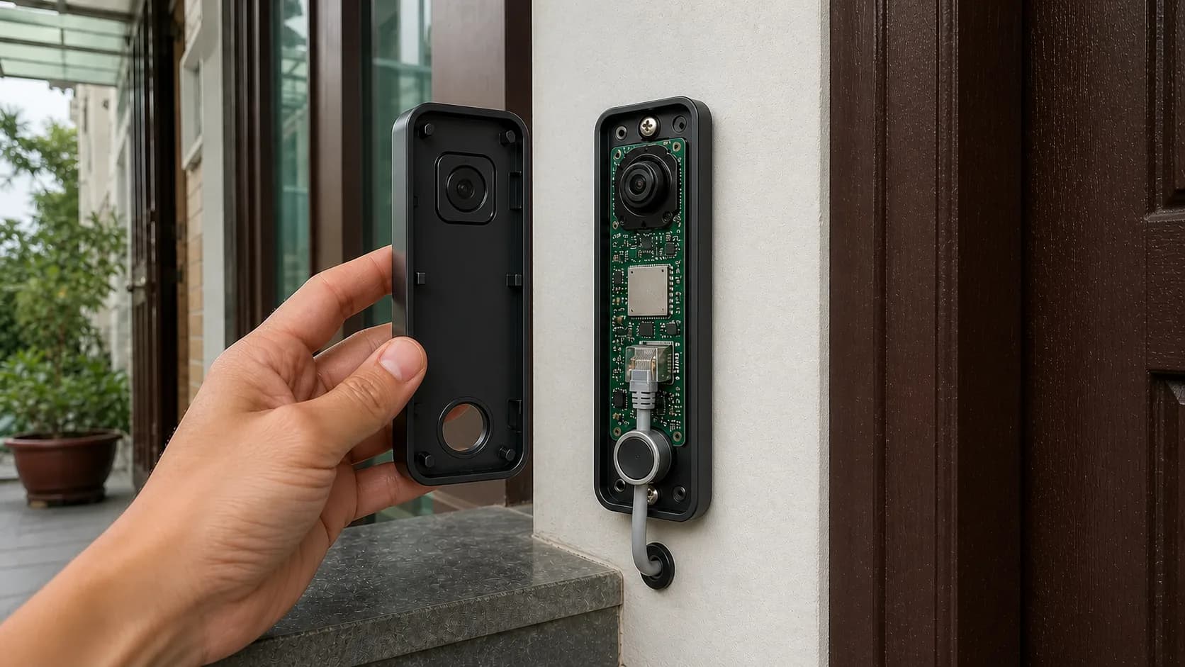 Checking the Ethernet connector and weather gasket during a PoE video-doorbell installation