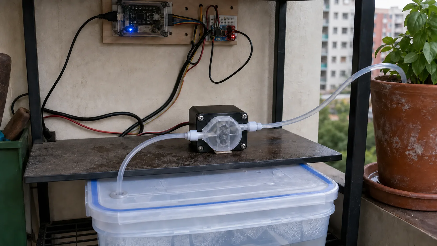 Peristaltic pump, silicone tubing, and water reservoir mounted below an ESP32 control enclosure