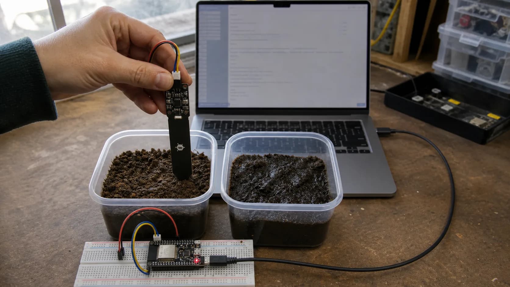 Calibrating a capacitive soil-moisture sensor with dry and wet soil beside an ESP32 test board