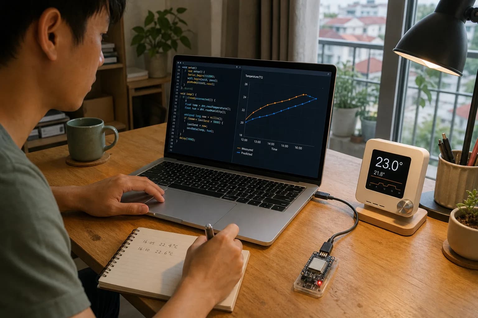 Vietnamese engineer reviewing code and temperature charts on a MacBook Pro beside the test thermostat.