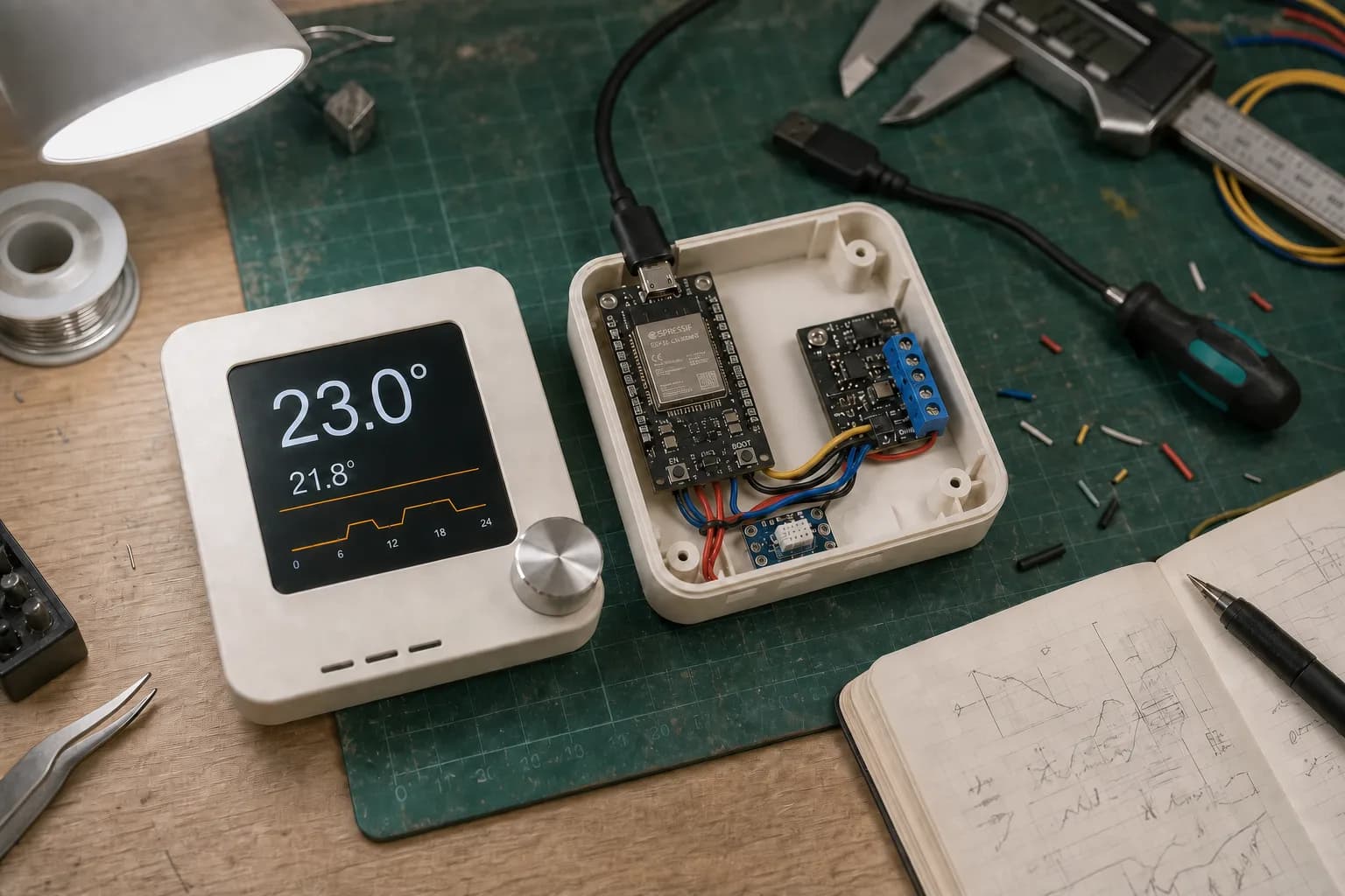 Open DIY thermostat on an electronics bench showing an ESP32, temperature sensor and isolated HVAC interface.