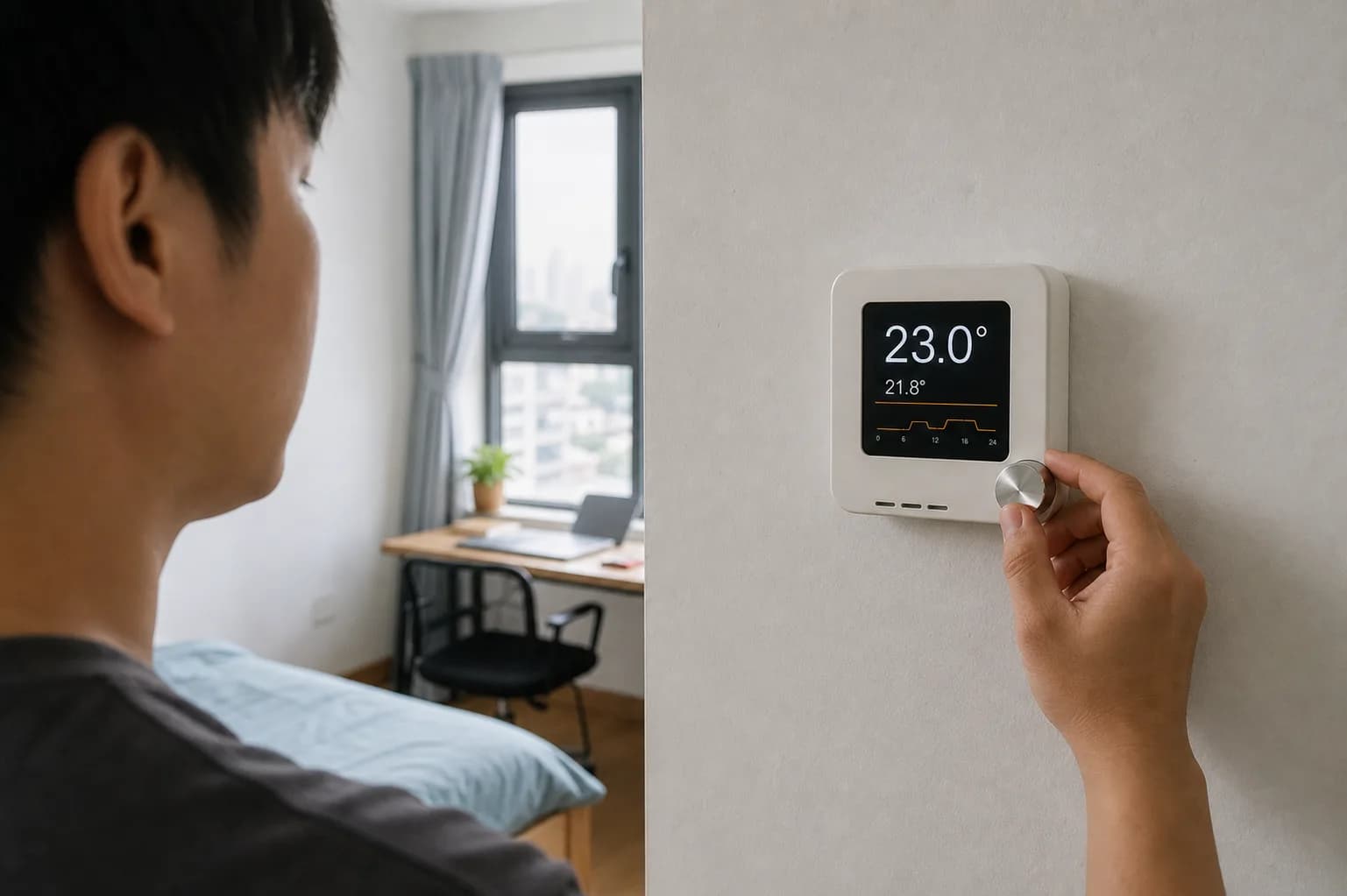 Vietnamese user turning the encoder on a smart thermostat mounted in a home office.