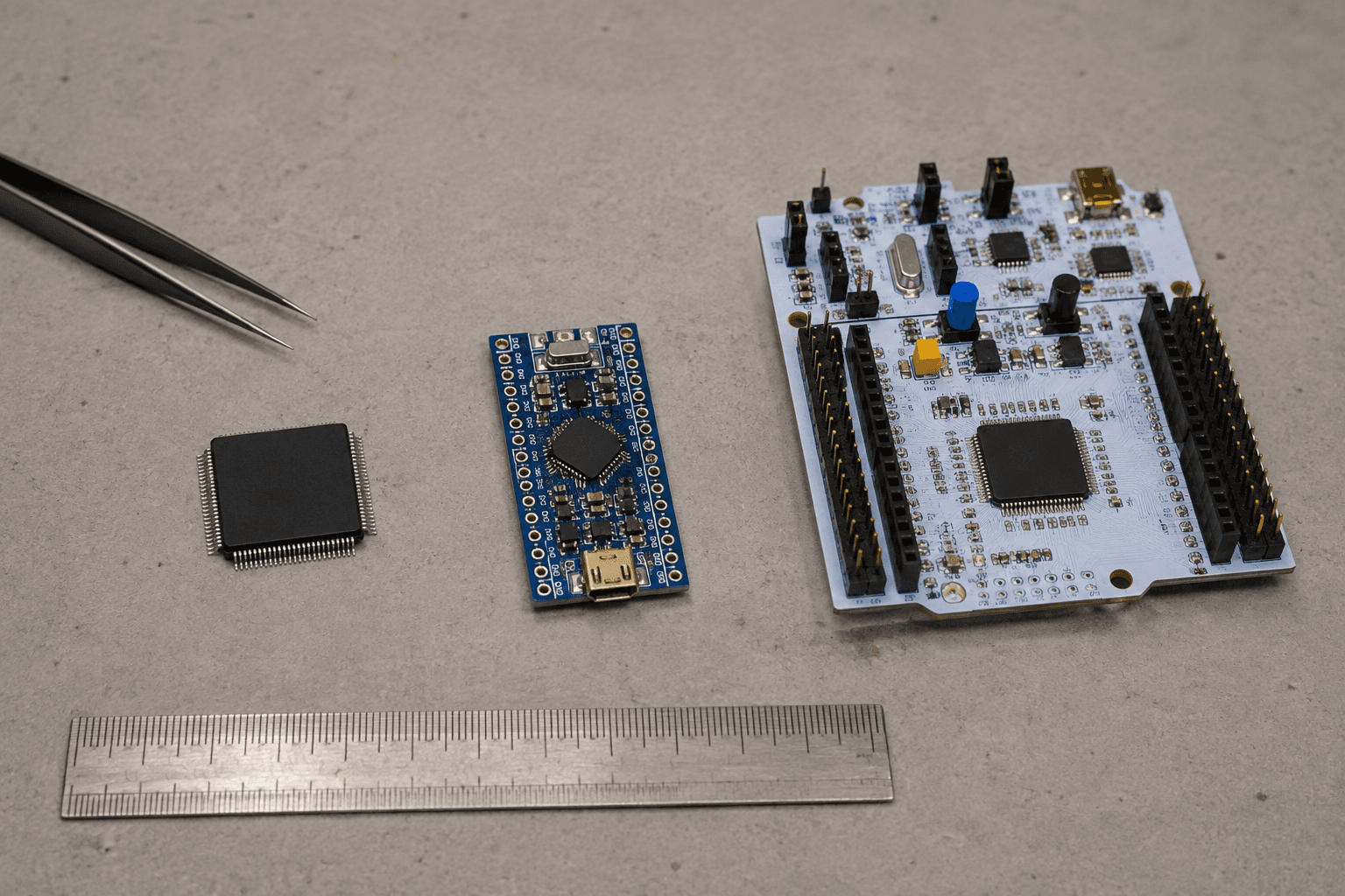 Chip vi điều khiển STM32, module nhỏ và board Nucleo được đặt cạnh nhau để so sánh.