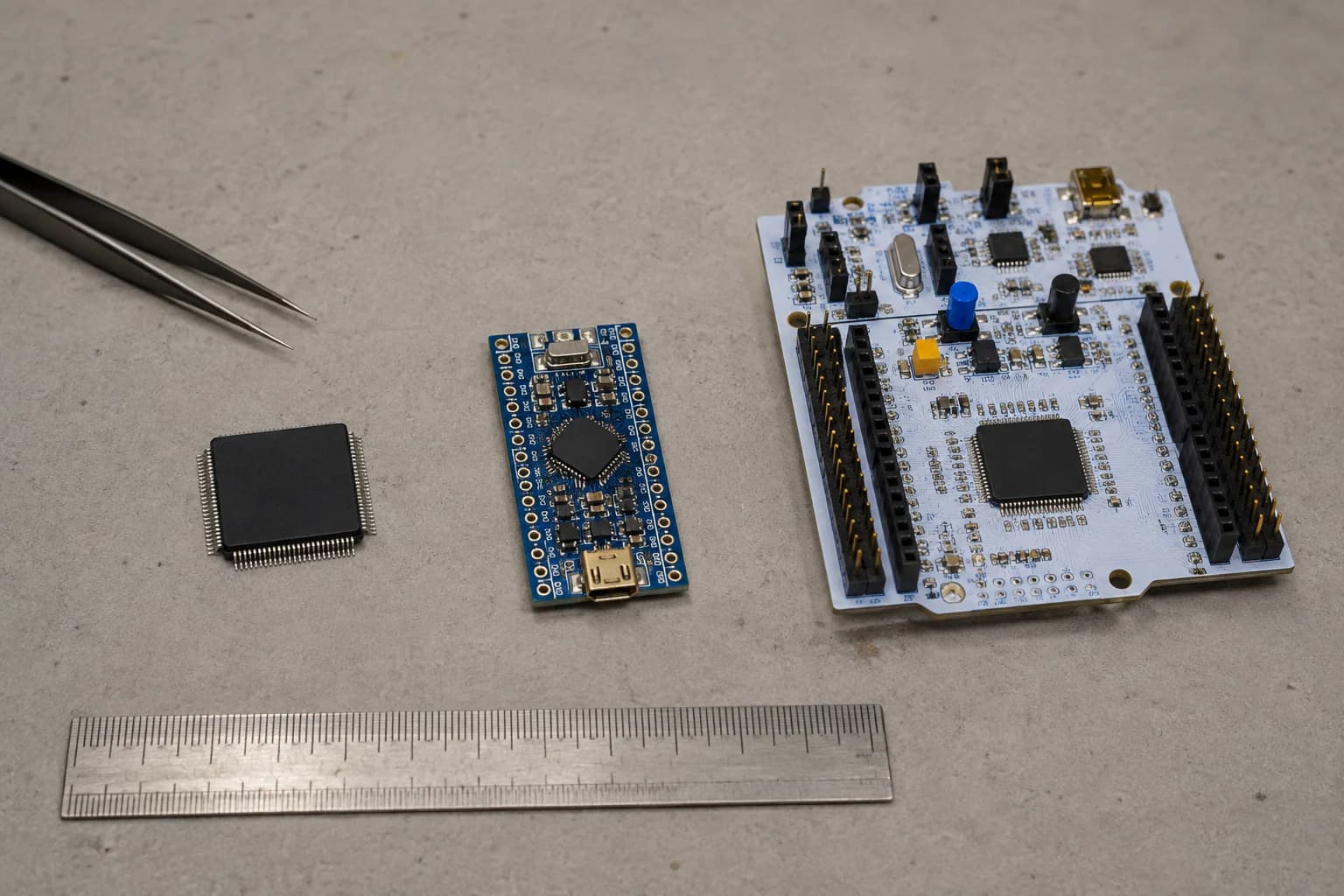 STM32 microcontroller chip, small module, and Nucleo development board arranged for comparison.