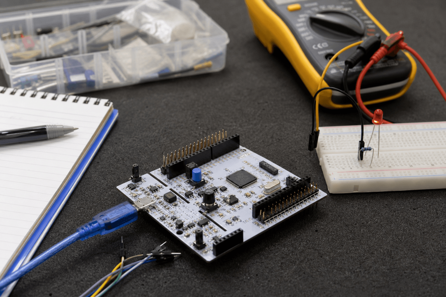 Bộ thử nghiệm STM32 gồm board Nucleo, breadboard, LED, dây USB và đồng hồ đo trên bàn điện tử.
