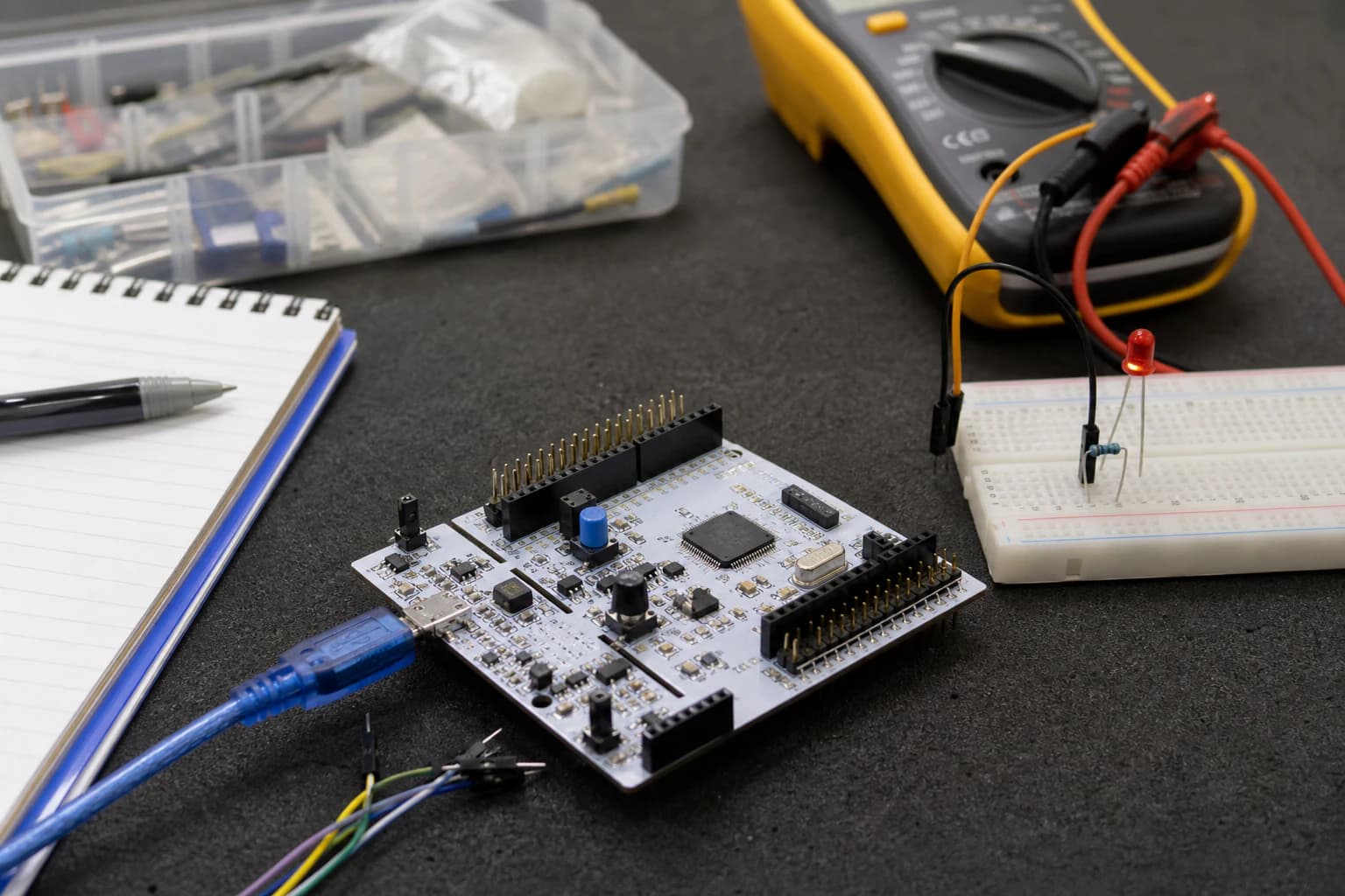 STM32 learning setup with a Nucleo board, breadboard, LED, USB cable, and multimeter on an electronics bench.