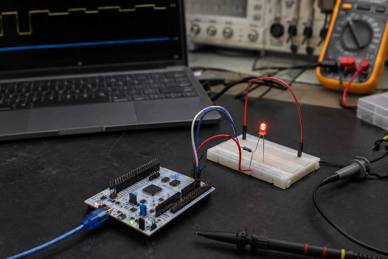 Board STM32 Nucleo nối với LED và nút nhấn trên breadboard để học GPIO.