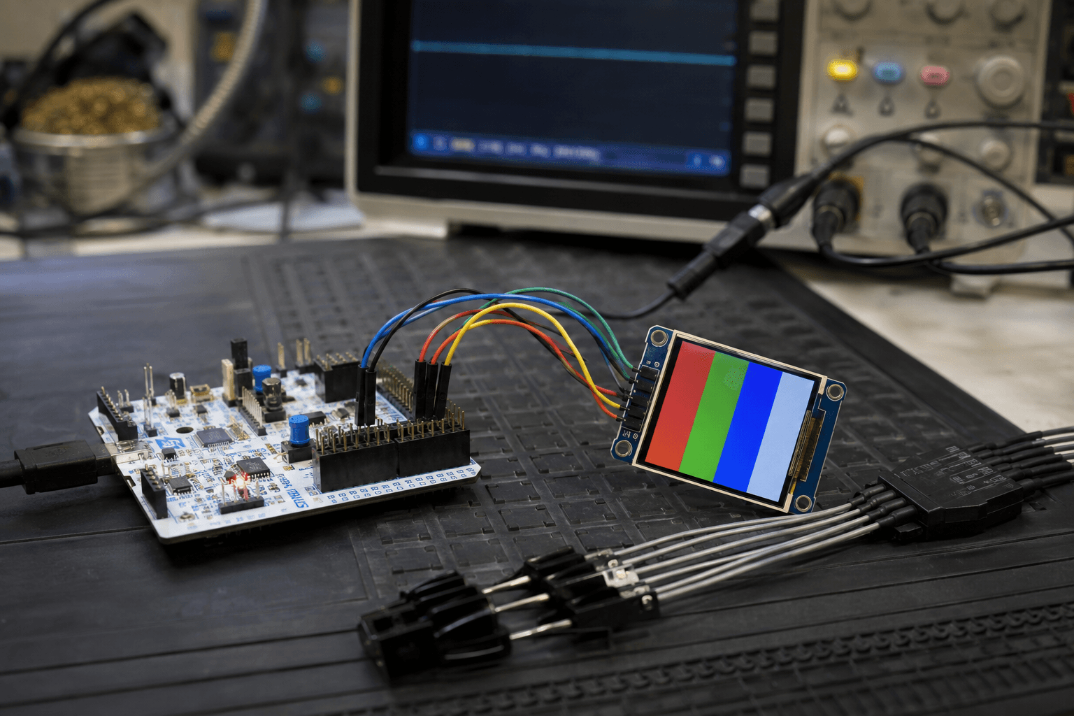 Board STM32 Nucleo nối màn hình màu SPI và logic analyzer trên bàn thử nghiệm điện tử.