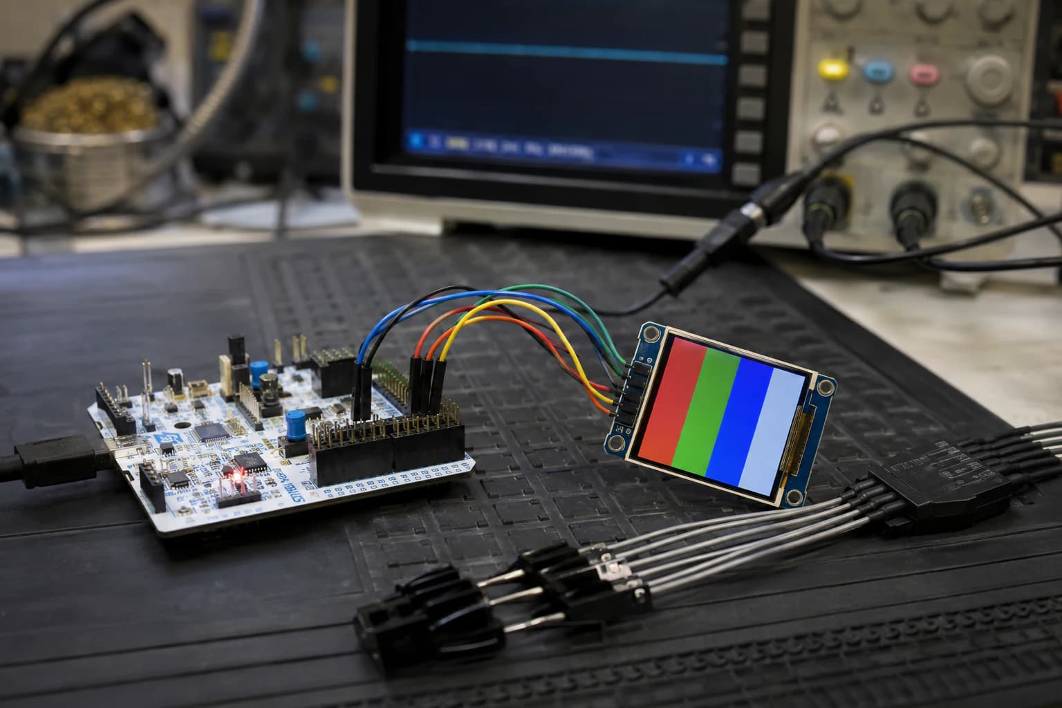 Board STM32 Nucleo nối màn hình màu SPI và logic analyzer trên bàn thử nghiệm điện tử.