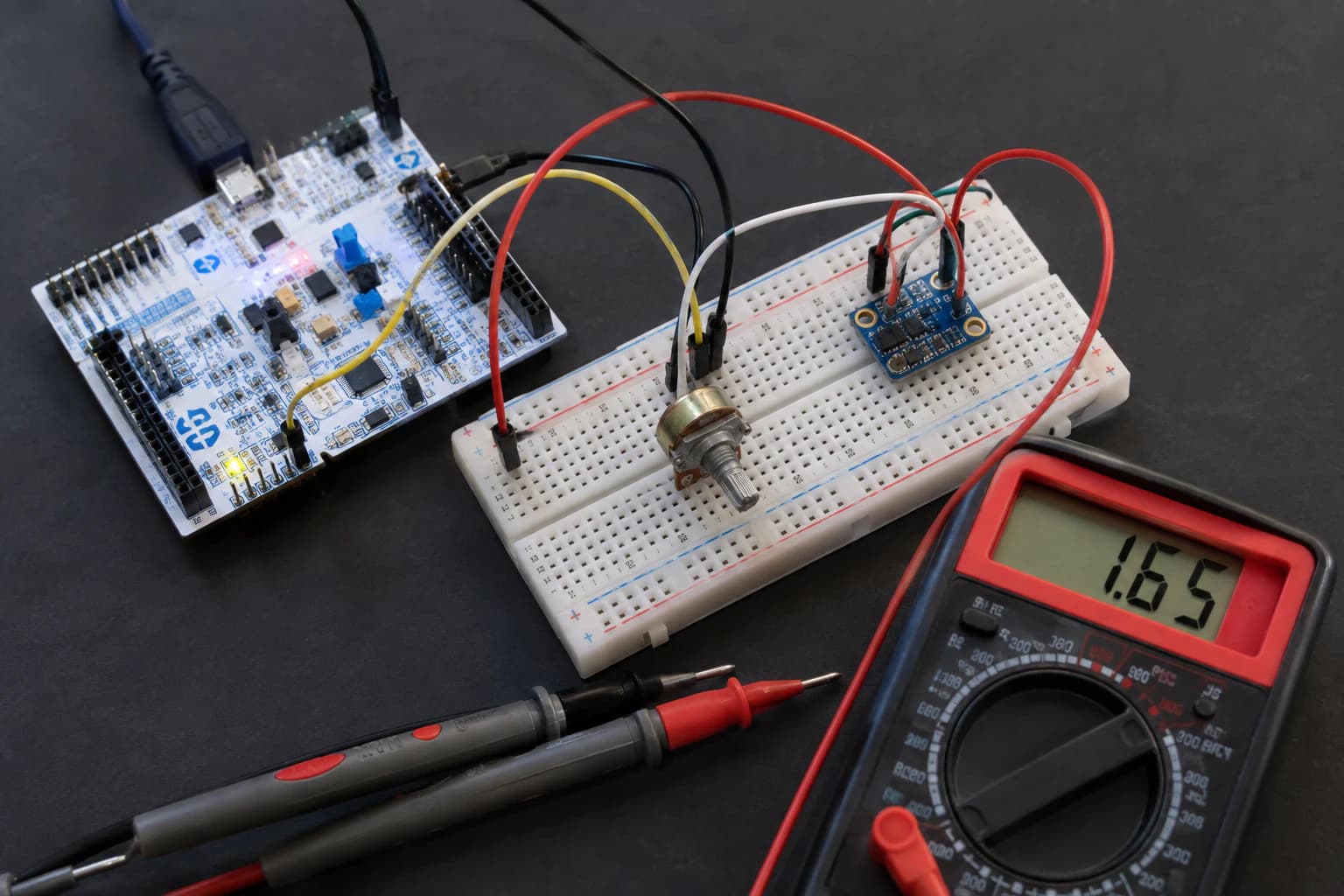 Board STM32 Nucleo nối biến trở và mạch analog trên breadboard để kiểm tra ADC.