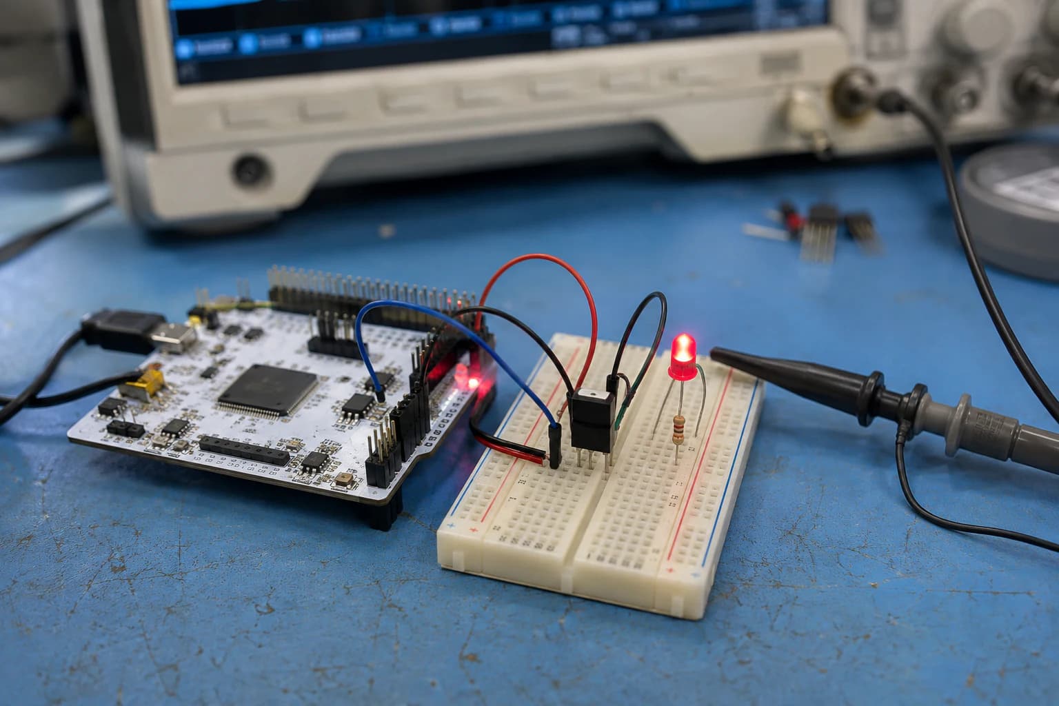 Board STM32 Nucleo nối oscilloscope và laptop trong phép thử DMA theo block dữ liệu.