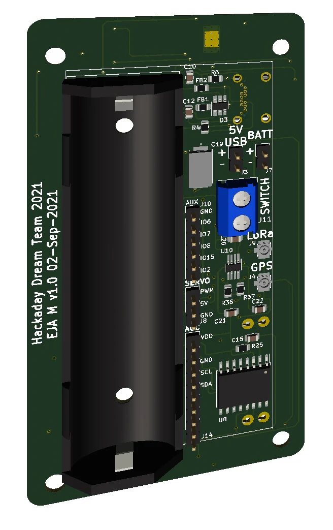 EJA M v1.0 board render, back view with 18650 battery holder