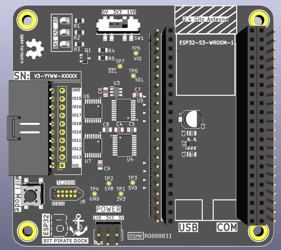ESP32 Bit Pirate Dock board render with silkscreen labels